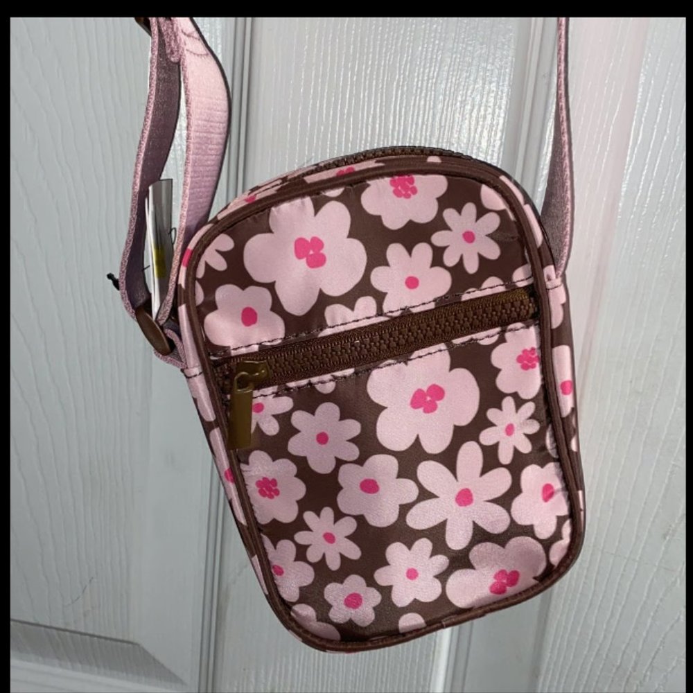 Pink and brown flower print crossbody bag, floral pattern, shoulder bag, purse